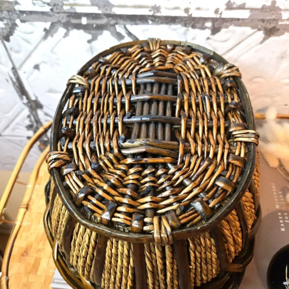 Vintage Oval Hand Woven Basket Natural Bamboo & Rope Storage Basket Rustic